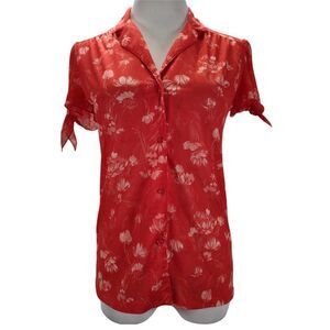 Vintage 70s Ship N Shore Tie Sleeve Top Size S Red Qiana Nylon Floral Print